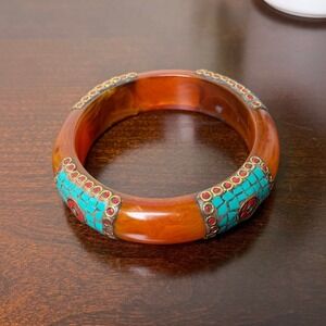 Vintage Boho Southwest Style Bangle Bracelet Turquoise Mosaic Inlay Statement